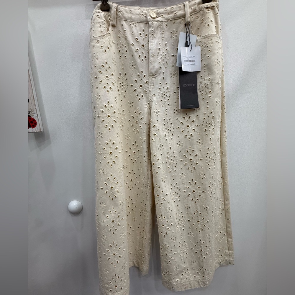 Koralline Collection Cream Eyelet Wide-Leg Handmade Embroidery Pants